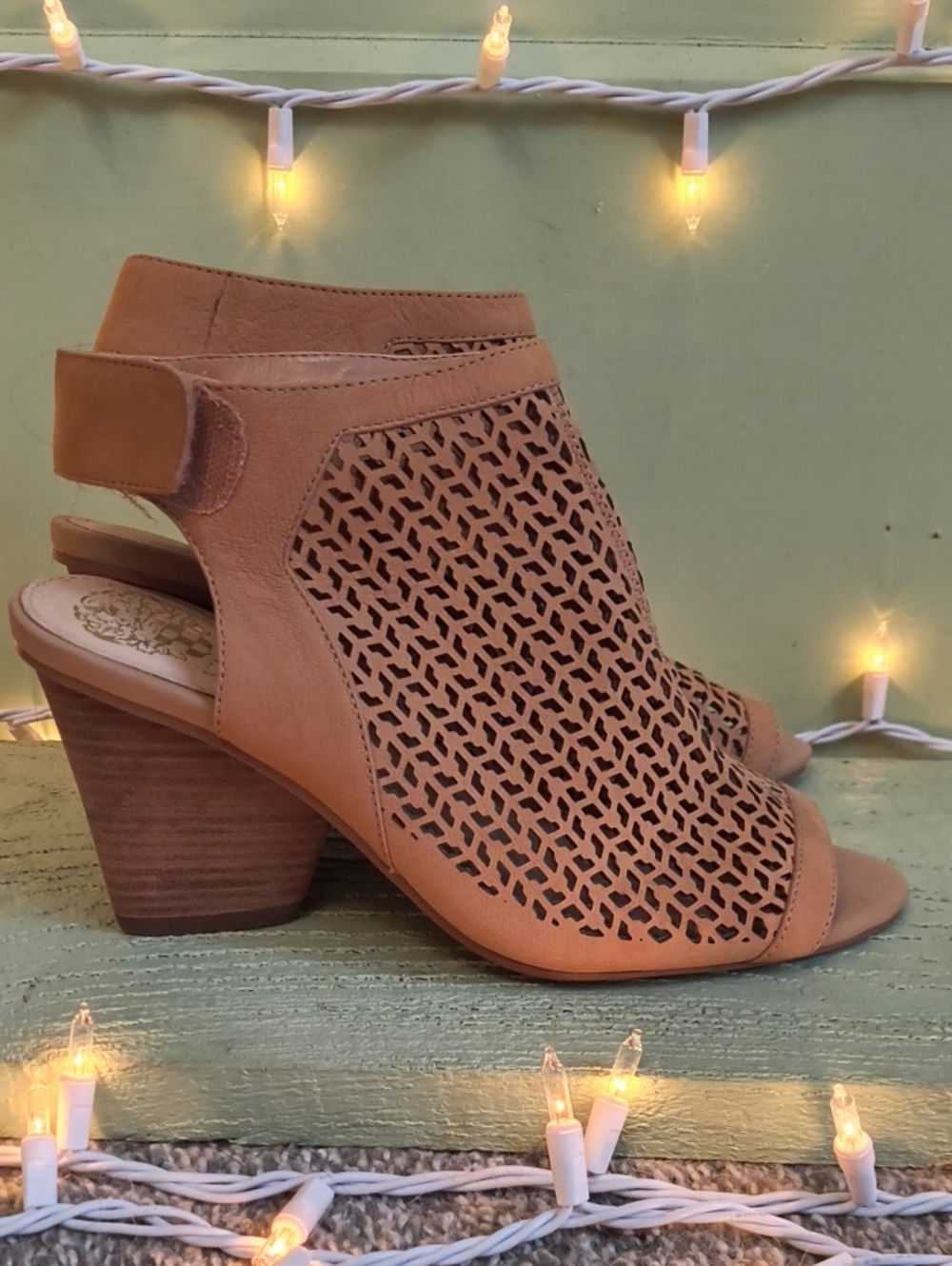 Women's Vince Camuto Tan Suede Peep Toe Heel Bootie Sandals 7.5